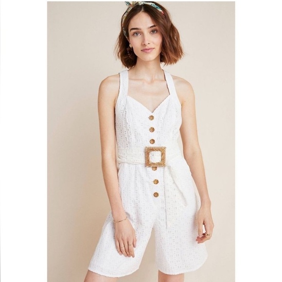 Anthropologie White Belted Eyelet Shorts Romper with Pockets- Size 8 - Picture 2 of 16